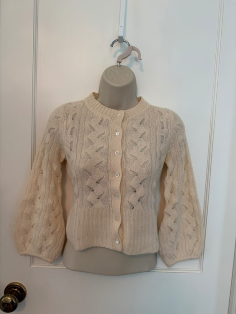 Maya Openwork Crochet Cable Knit Balloon Sleeve Cardigan in Cream